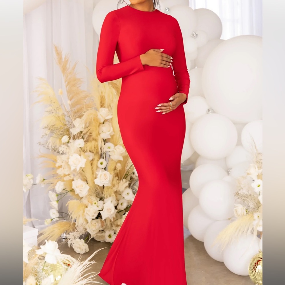 Club L Red Maternity Backless Maxi Dress